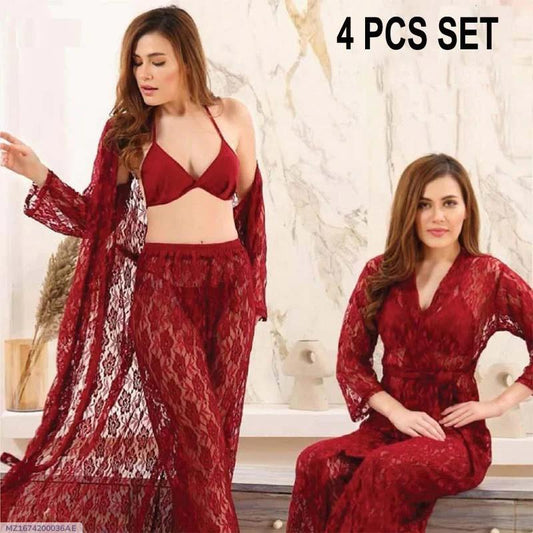 Maroon Embossed Net Nightwear Set - Comfortable & Lightweight, Free Size