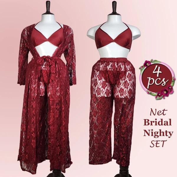 Maroon Embossed Net Nightwear Set - Comfortable & Lightweight, Free Size